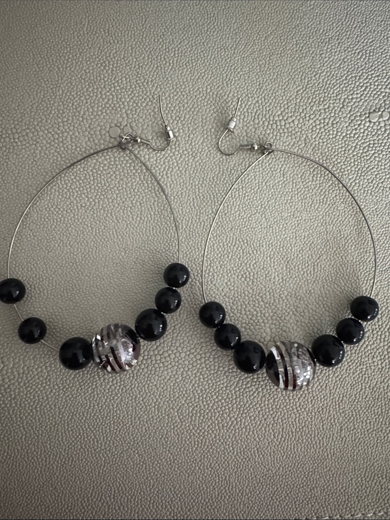 Jewelry - Silver Hoop Earrings with Black Beads and Striped Accent Bead